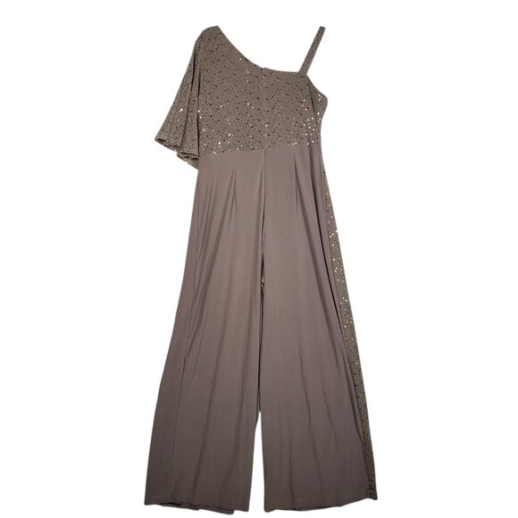 R&M Richards Sequined Jumpsuit Women's 10 Beige Wide Leg One Shoulder Formal NWT - Picture 2 of 11